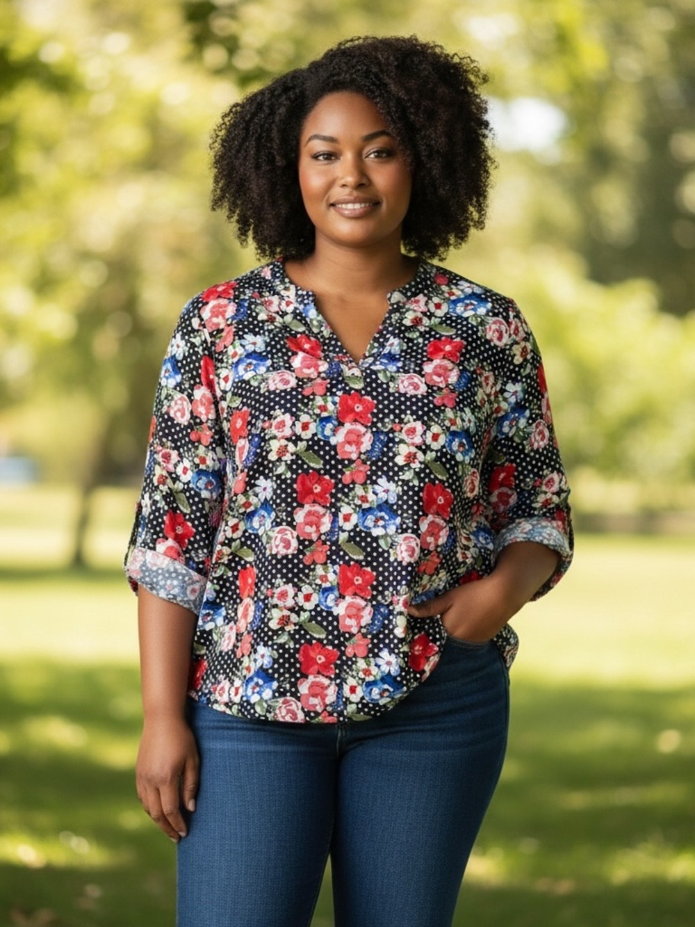Q&A Torres Roll Tab Blouse Navy Floral Polka Dot Roll Sleeve Top L